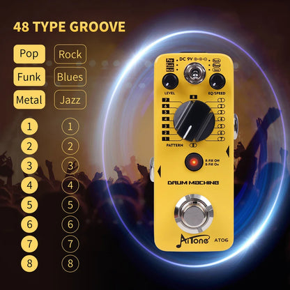 Yellow Joyo Aitone Series AT-06 drum machine pedal with black knobs and silver footswitch for electric guitar effects