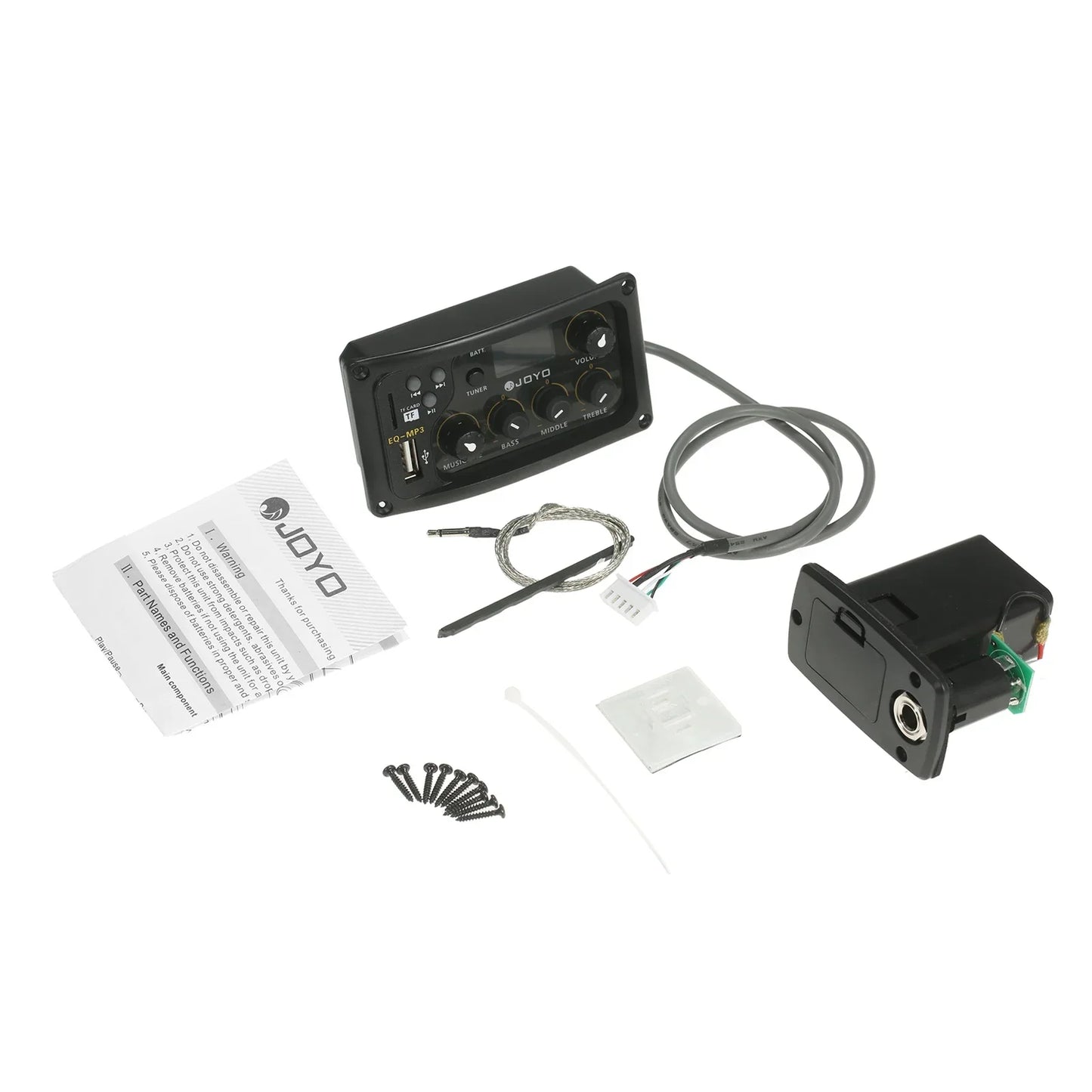 Black joyo acoustic guitar preamp control panel with knobs usb port piezo pickup lcd tuner amplifier system