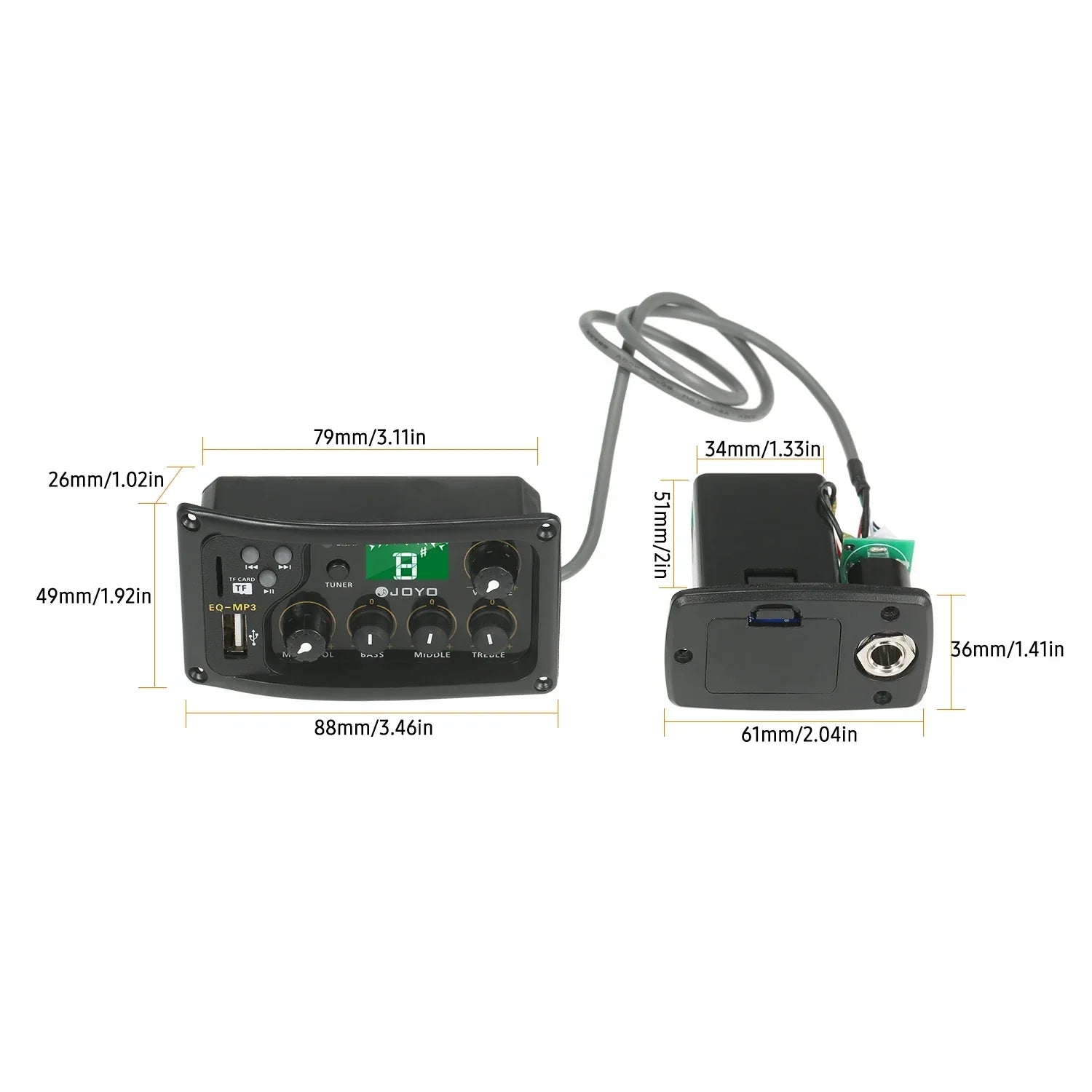 Black joyo acoustic guitar preamp with piezo pickup lcd tuner amplifier featuring eq and mp3 control panel and knobs
