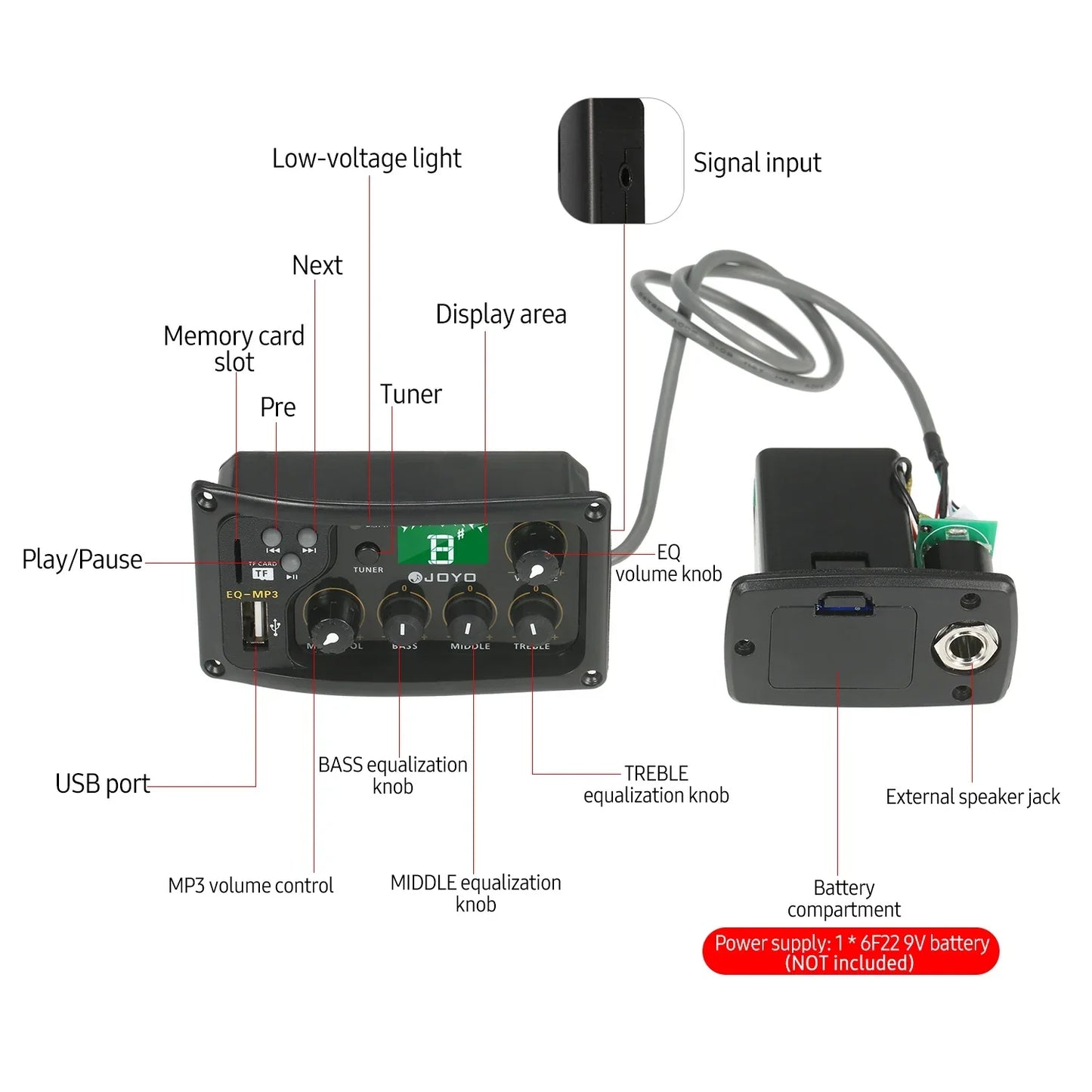 Black JOYO EQ-MP3 acoustic guitar preamp with piezo pickup lcd tuner amplifier and multiple control knobs for audio adjustment