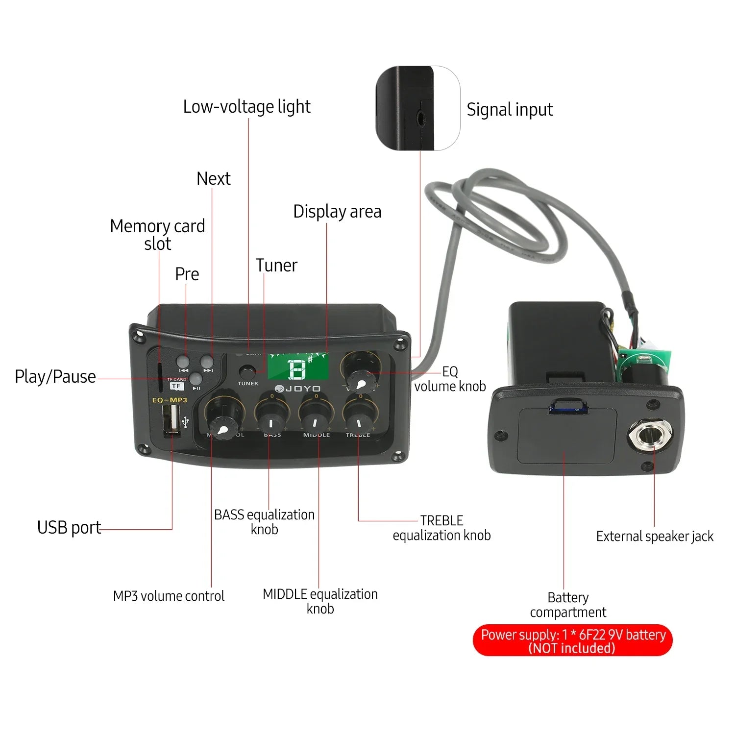 Black JOYO EQ-MP3 acoustic guitar preamp with piezo pickup lcd tuner amplifier and multiple control knobs for audio adjustment
