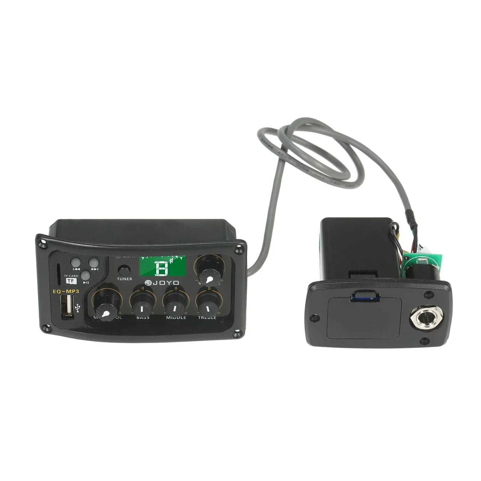 Black JOYO EQ-MP3 acoustic guitar preamp control module with piezo pickup LCD, digital display, and USB port