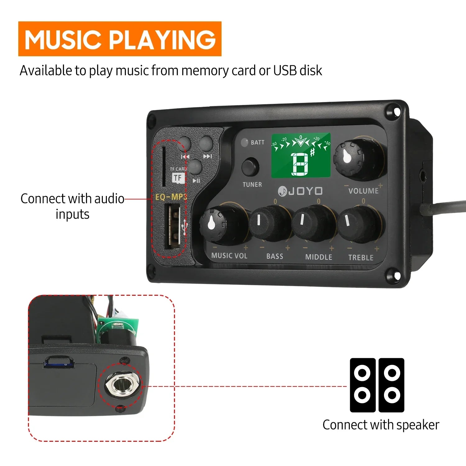 Black joyo acoustic guitar preamp with piezo pickup lcd display and multiple knobs for lcd tuner amplifier control