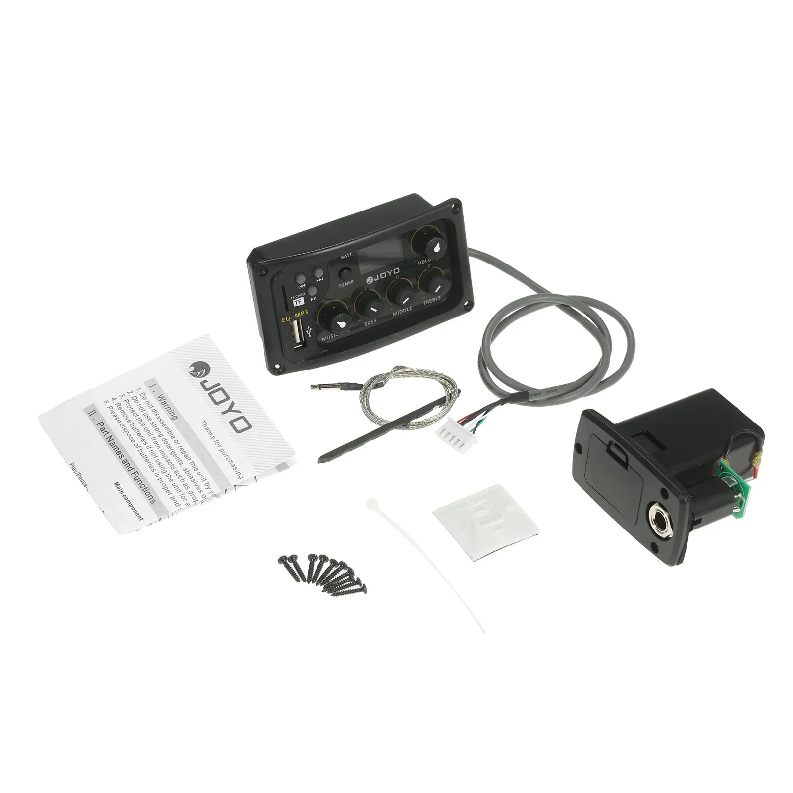 Black joyo acoustic guitar preamp control panel with knobs usb port and piezo pickup lcd tuner amplifier features