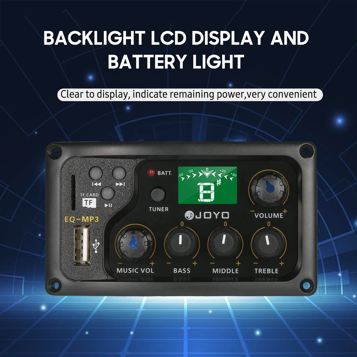 Black joyo eq-mp3 acoustic guitar preamp with piezo pickup lcd tuner amplifier and multiple control knobs