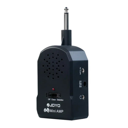Black joyo guitar amplifier amp headphone mini with silver antenna and control buttons for clean distortion effect