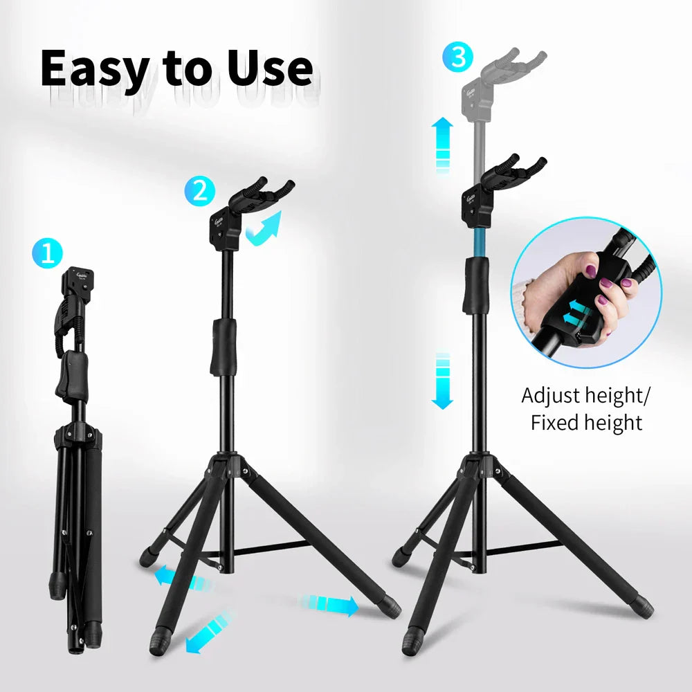 Black adjustable foldable hanging guitar stand with tripod base for acoustic electric guitar bass by JOYO Guitto Series