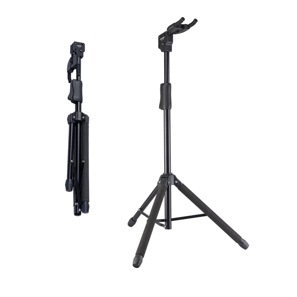 Black adjustable foldable hanging guitar stand with tripod base and padded neck rest for acoustic electric guitar bass