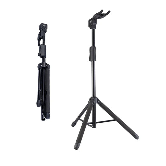 Black adjustable foldable hanging guitar stand with tripod base and padded neck rest for acoustic electric guitar bass