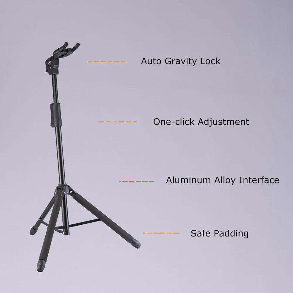 Black foldable hanging guitar tripod stand with adjustable neck and padded grip for acoustic electric guitar bass support