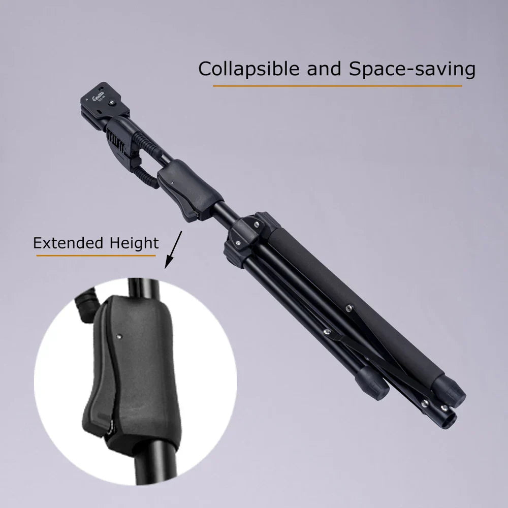 Black collapsible tripod with adjustable height and carrying strap foldable hanging guitar stand for acoustic electric guitar bass