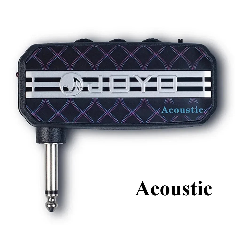 Black joyo ja-03 portable bass guitar amplifier mini headphone with purple geometric pattern and silver branding pickup