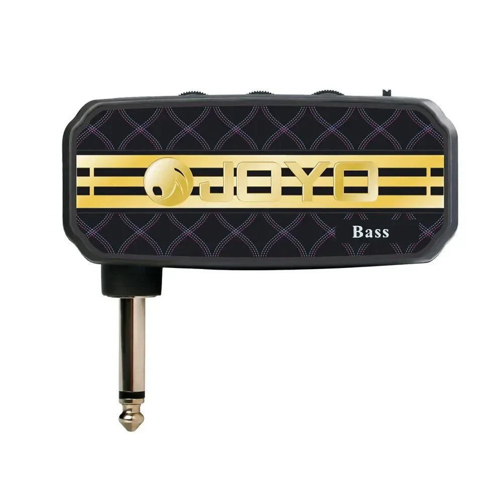 Black and gold joyo ja-03 portable bass guitar amplifier mini headphone with quilted pattern and three control knobs on top