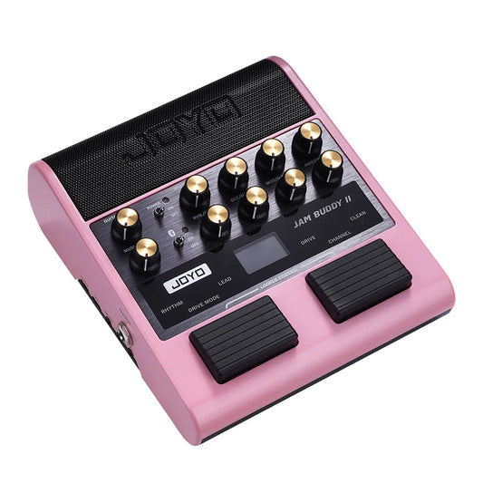 Pink joyo jam buddy ii electric guitar amp pedal combo otg with black knobs gold tops and two footswitches for practice