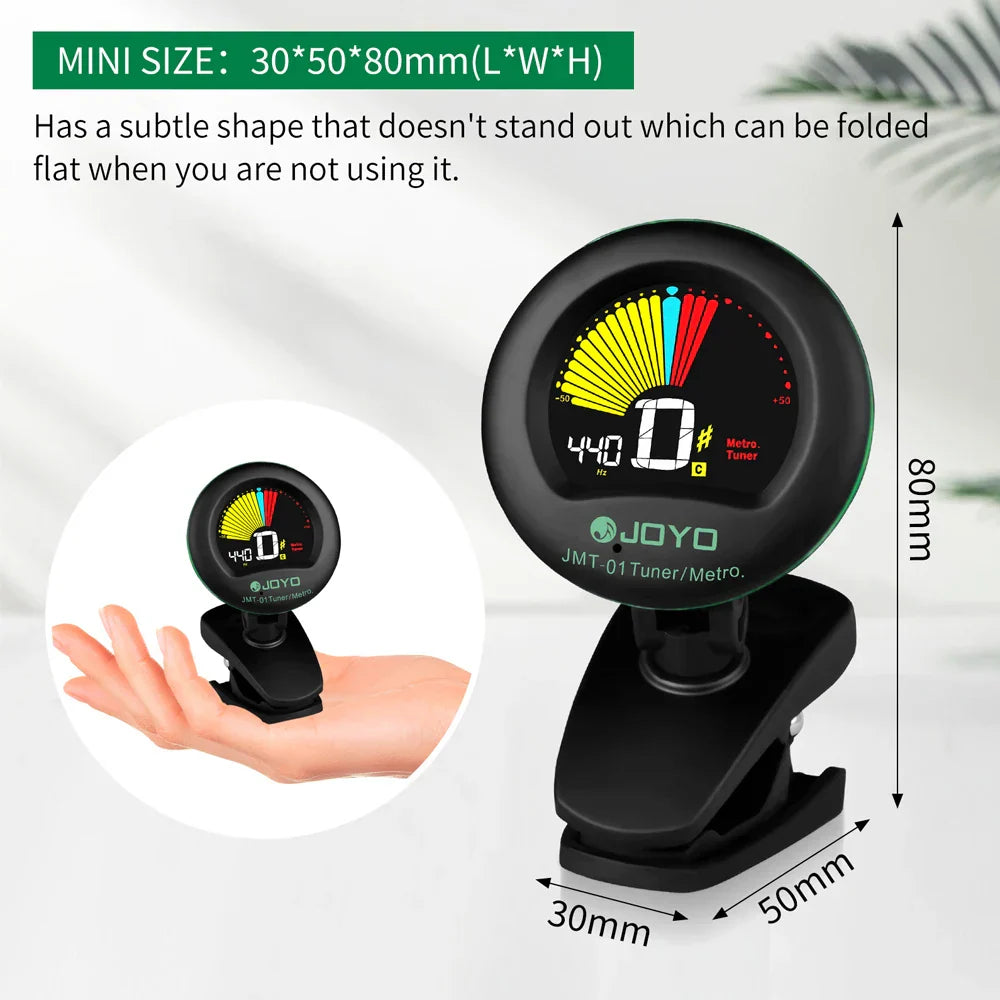 Black joyo jmt-01 guitar tuner with circular digital display featuring colorful tuning indicators and rotating clip chromatic design