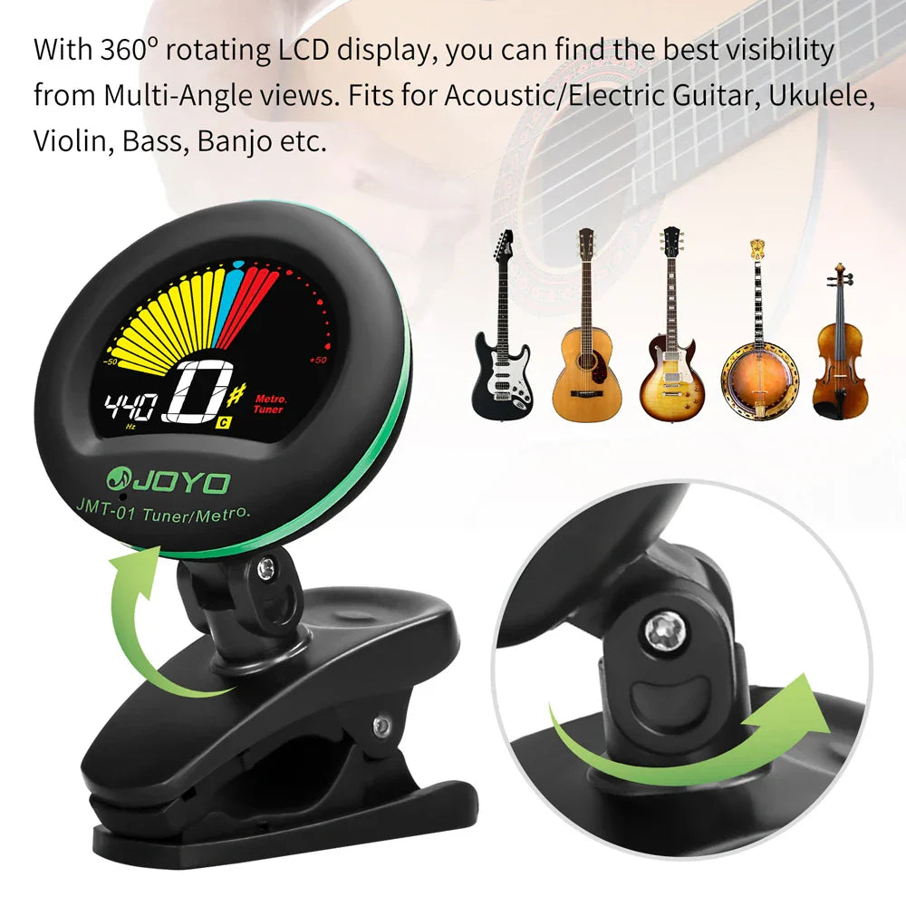 Black joyo jmt-01 guitar tuner with 360° rotating clip chromatic display and colorful tap tempo metronome indicators