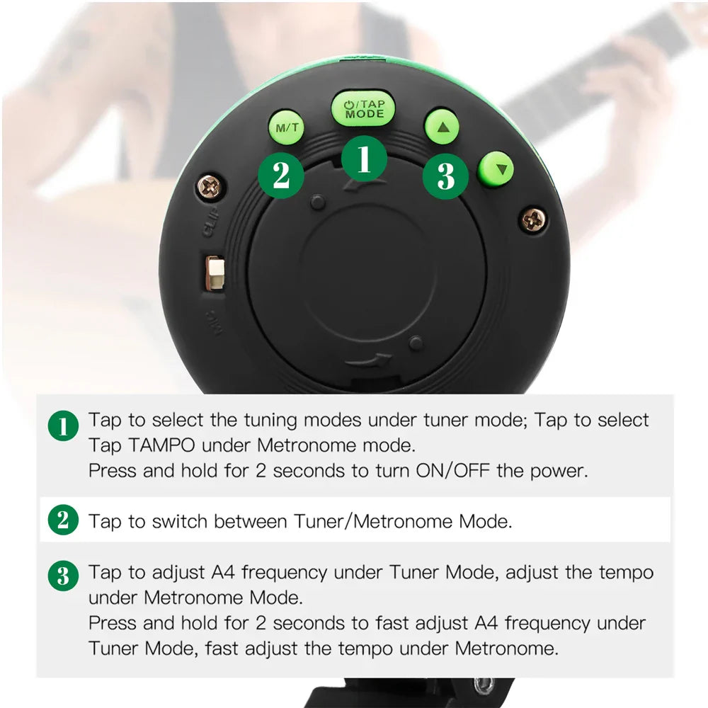 Black circular joyo jmt-01 guitar tuner with green buttons and 360° rotating clip chromatic tap tempo metronome dial