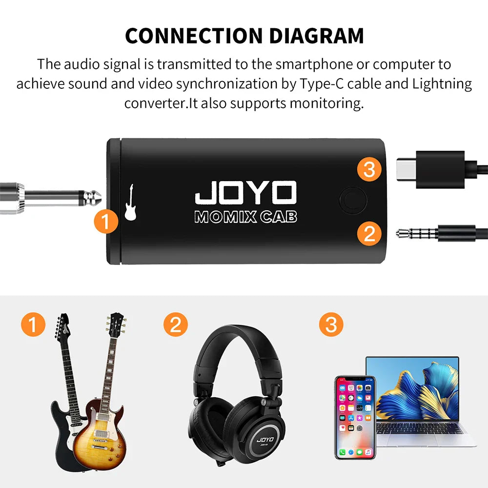 Black joyo momix cab mini audio mixer guitar sound card with type-c port guitar jack and headphone output for streaming