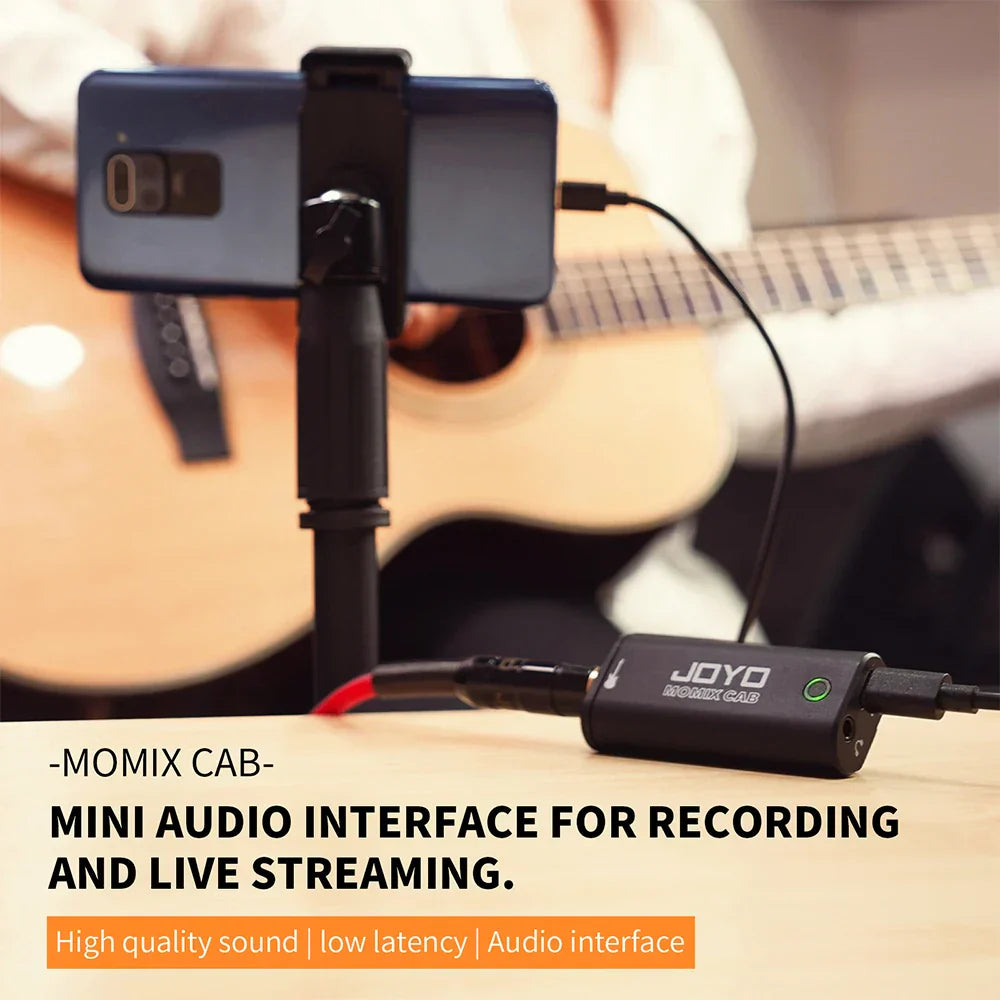 Black joyo momix cab mini audio mixer with green led indicator and usb-c port for guitar live streaming and recording