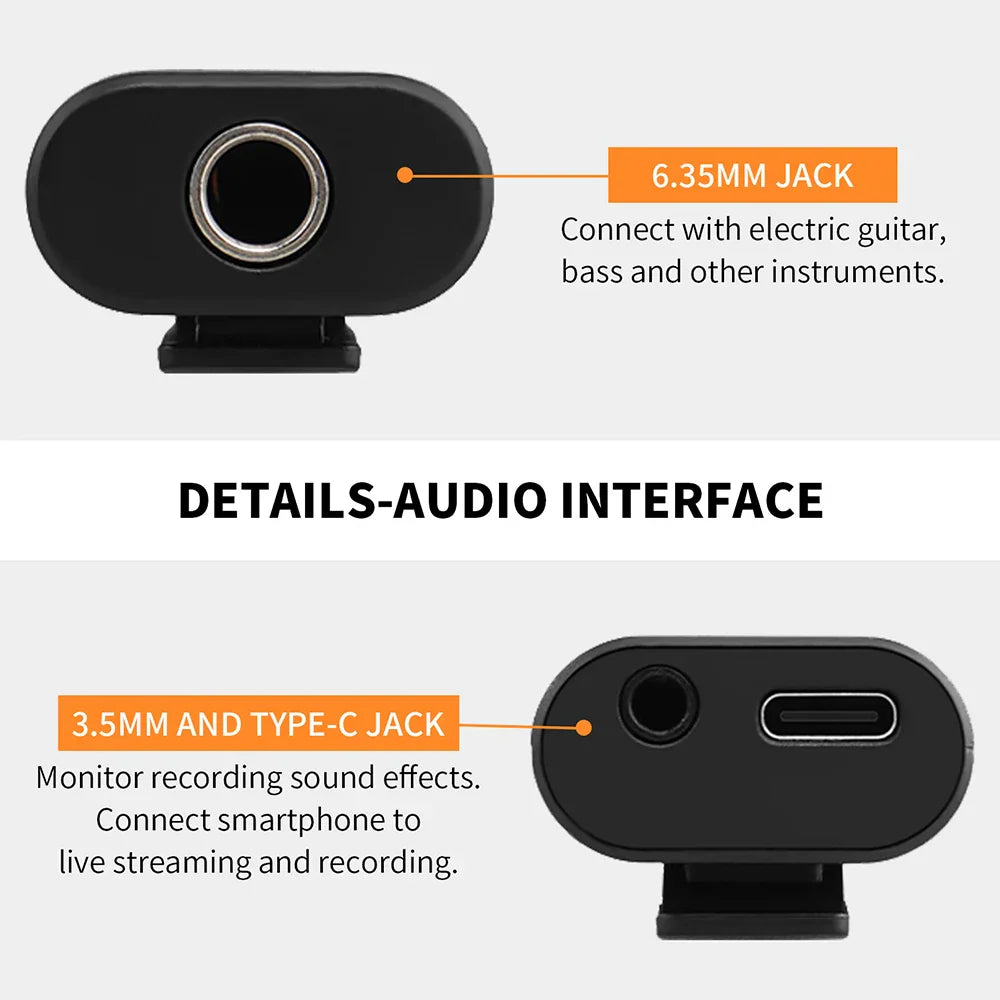 Black joyo momix cab mini audio mixer with 6.35mm instrument jack and dual 3.5mm and type-c smartphone connectivity ports
