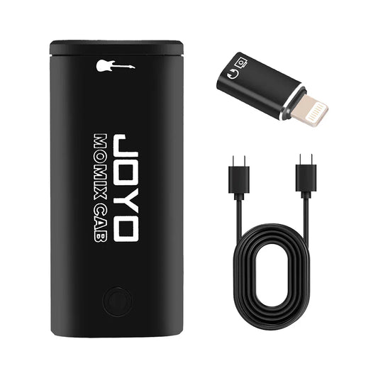 Black joyo momix cab mini audio mixer guitar with white branding, lightning-to-usb adapter, and charging cable
