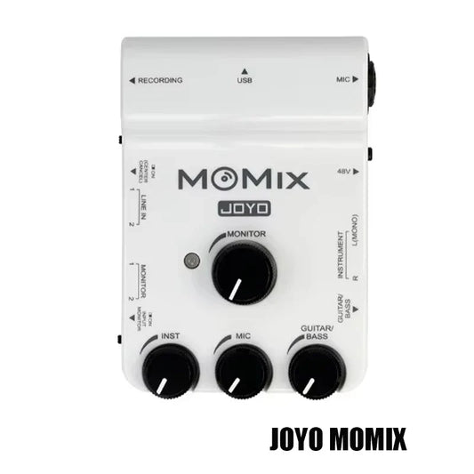 White joyo momix pro audio mixer with black knobs and labeled input output ports for recording and live streaming