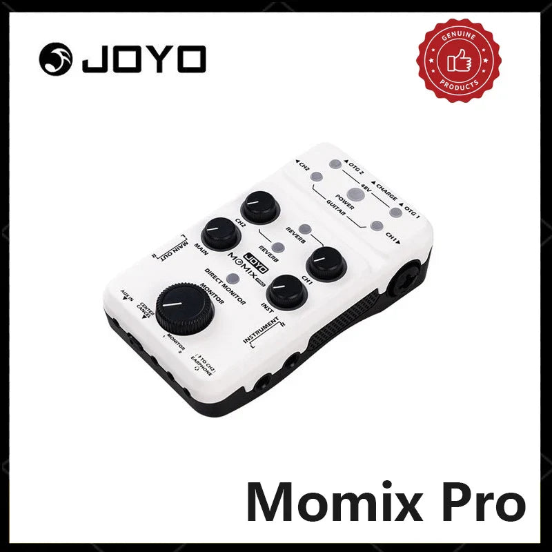 White and black joyo momix pro audio mixer with multiple knobs and ports for guitar keyboard musical instrument sound card use