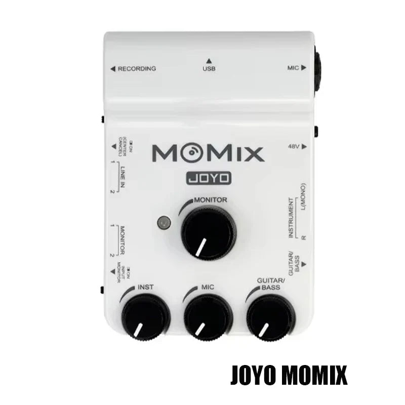 White joyo momix pro audio mixer with black knobs and labeled input output ports for guitar keyboard musical use