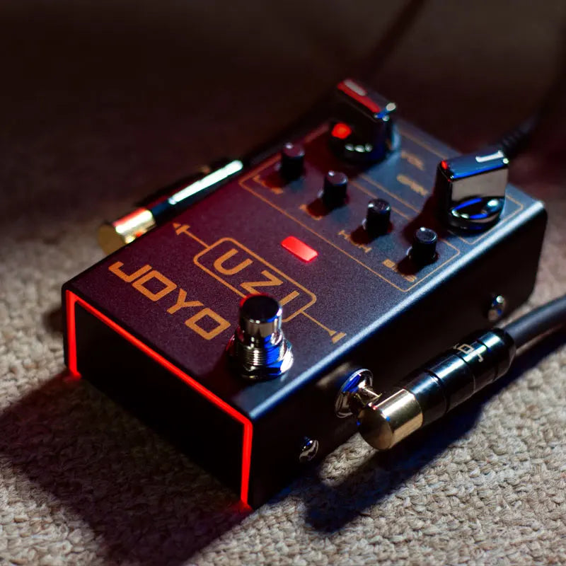 Black joyo uzi distortion electric guitar pedals processor footswitch with red led lighting and metallic knobs for true bypass music