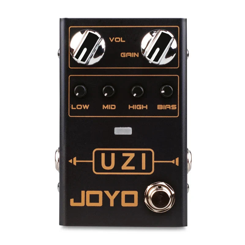 Black joyo uzi distortion electric guitar pedals processor footswitch with chrome knobs and orange lettering for heavy metal music