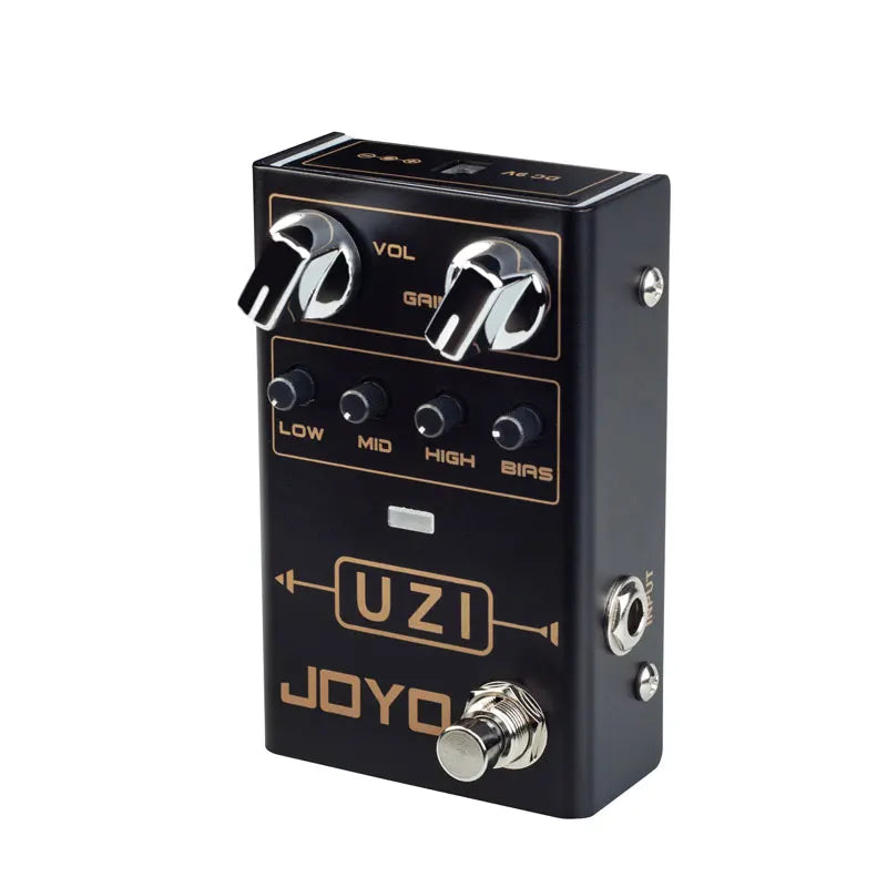 Black joyo uzi distortion electric guitar pedals processor footswitch with chrome knobs and gold lettering for music true bypass