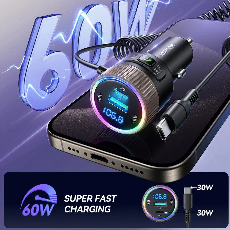Black and bronze joyroom 60w car charger dual mics with rgb led display for deep sound usb c charging adapter