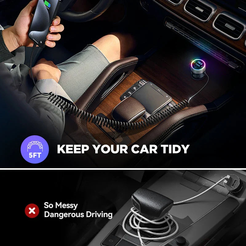 Black coiled joyroom 60w car charger dual mics with circular led display magnetic base and deep sound usb c adapter