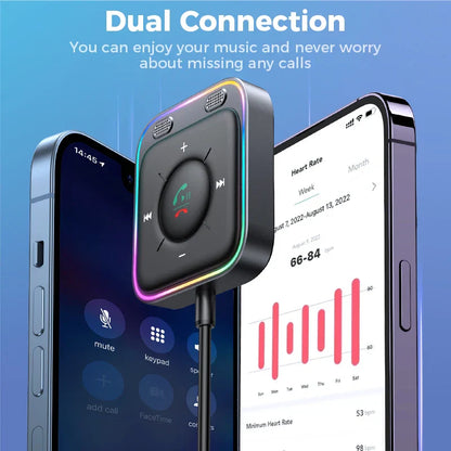 Black rectangular joyroom bluetooth car adapter with colorful led edges and adapter dual mics for calls auto music control