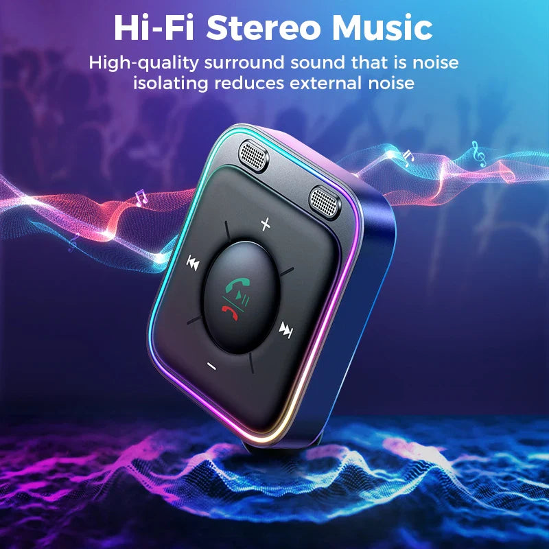 Blue and black Joyroom Bluetooth 5.4 car adapter with rgb lighting, stronger dual mics, and noise cancellation bluetooth for hands-free calls