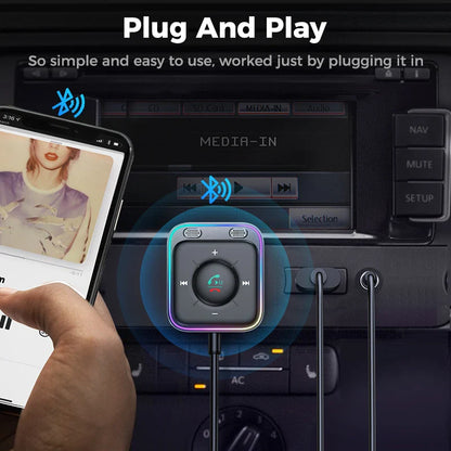 Joyroom bluetooth 5.4 aux car adapter with sleek black design, colorful led lighting, stronger dual mics and noise cancellation bluetooth for hands-free calls