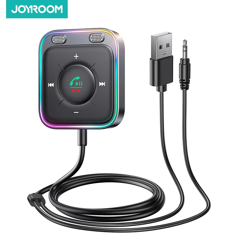Black rectangular joyroom bluetooth 5.4 aux car adapter with rainbow led lighting usb cable for hands-free calls noise cancellation bluetooth stronger dual mics