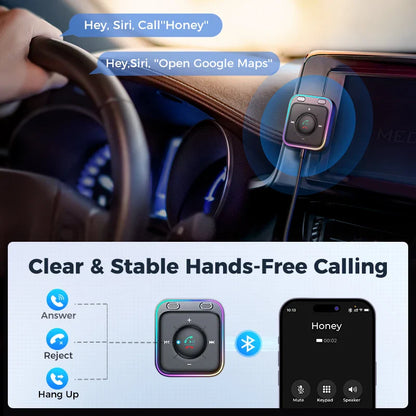 Joyroom bluetooth 5.4 aux car adapter with glossy black faceplate purple led accents stronger dual mics noise cancellation bluetooth for hands-free calls