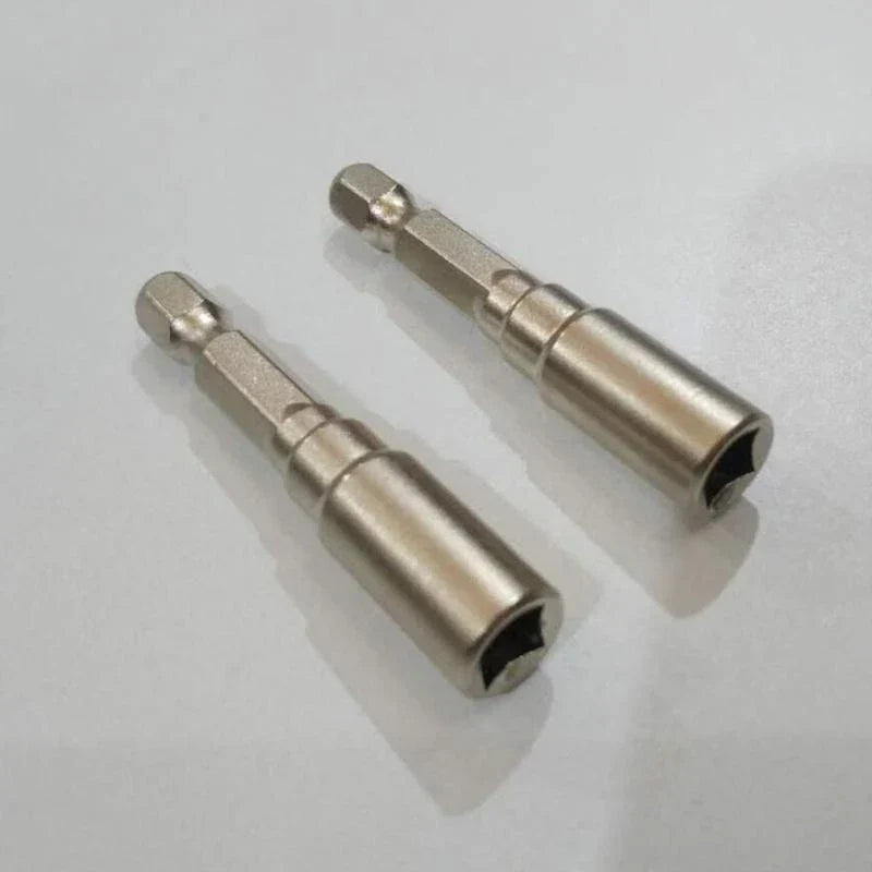 Two silver metallic ju64 drum key metal tuning key magnetic socket adapters with hex drive ends for drum tuning