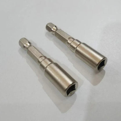 Two silver metallic ju64 drum key metal tuning key magnetic socket adapters with hex drive ends for drum tuning