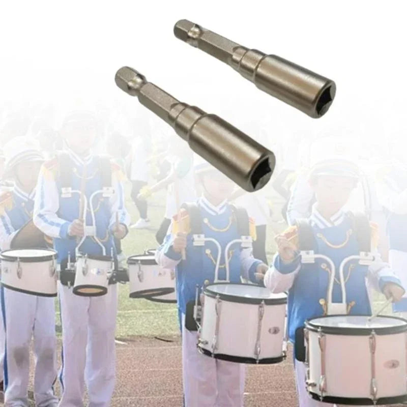 Two metallic matte ju64 drum key extensions with hexagonal openings for drum key tuner and metal tuning key use