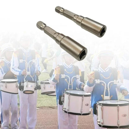 Two metallic matte ju64 drum key extensions with hexagonal openings for drum key tuner and metal tuning key use