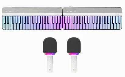 Silver and purple led-lit portable jukebox smart piano keyboard with two beginner karaoke microphones for singing fun