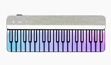 Silver-colored jukebox smart piano portable keyboard with 25 keys and blue to purple backlighting for beginner karaoke microphone use