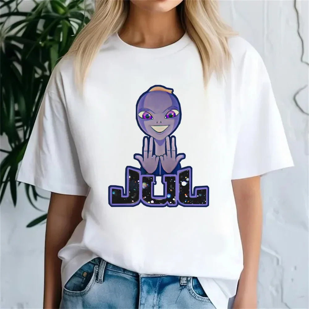 White cotton jul t-shirt for pastel women y2k featuring a female kawaii punk purple alien punk graphic grunge design