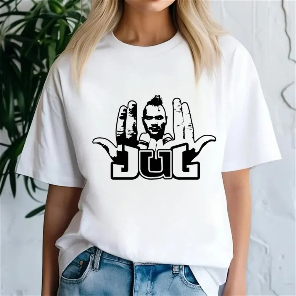White cotton jul t-shirt with punk graphic grunge black man face and jug hand gesture for pastel women y2k style
