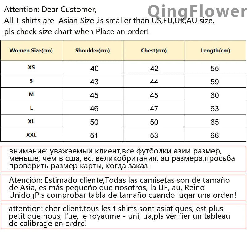 Size chart for qingflower pastel women y2k jul t-shirt female kawaii punk graphic grunge in centimeters xs to xxl sizes