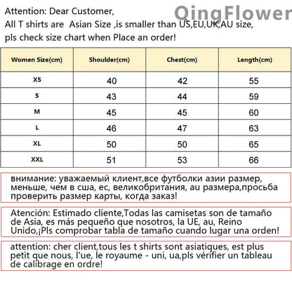 Size chart for qingflower pastel women y2k jul t-shirt female kawaii punk graphic grunge in centimeters xs to xxl sizes