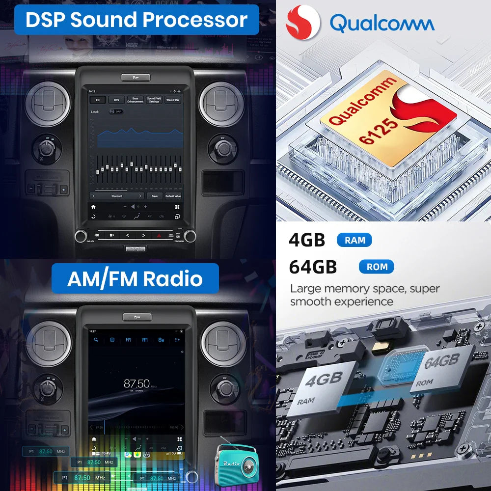 Qualcomm snapdragon 6125 dsp sound processor chip with am fm radio in junsun 12.1 inch tesla screen wireless android auto radio