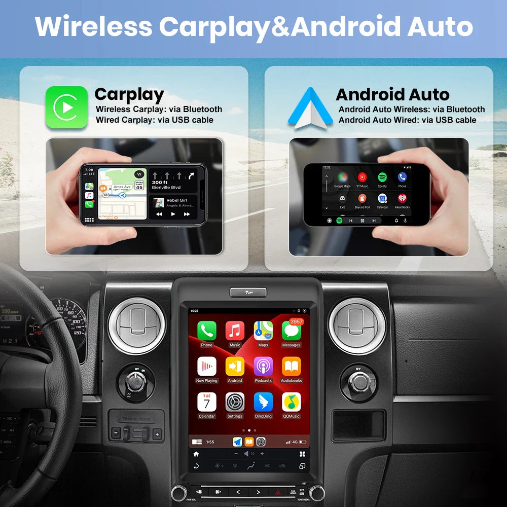 Black touchscreen tesla screen wireless android auto radio with silver trim and circular control knobs for ford f150 car